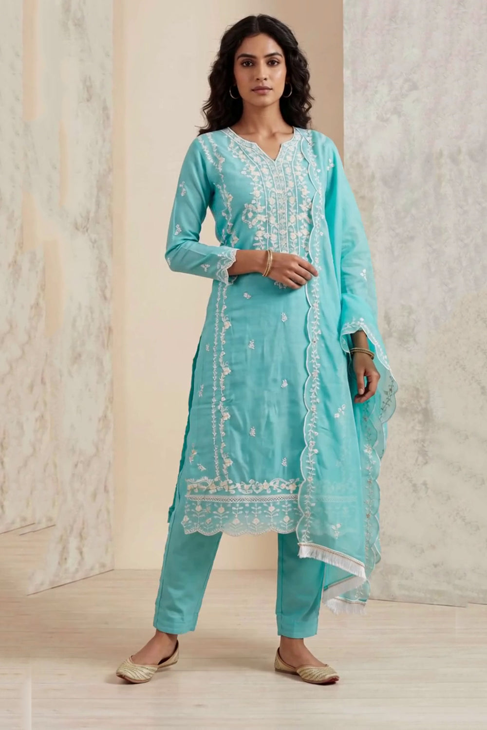 Light Blue Organza Khatli Work Kurti with Roman Silk Bottom & Border Dupatta 3-Piece Salwar Set