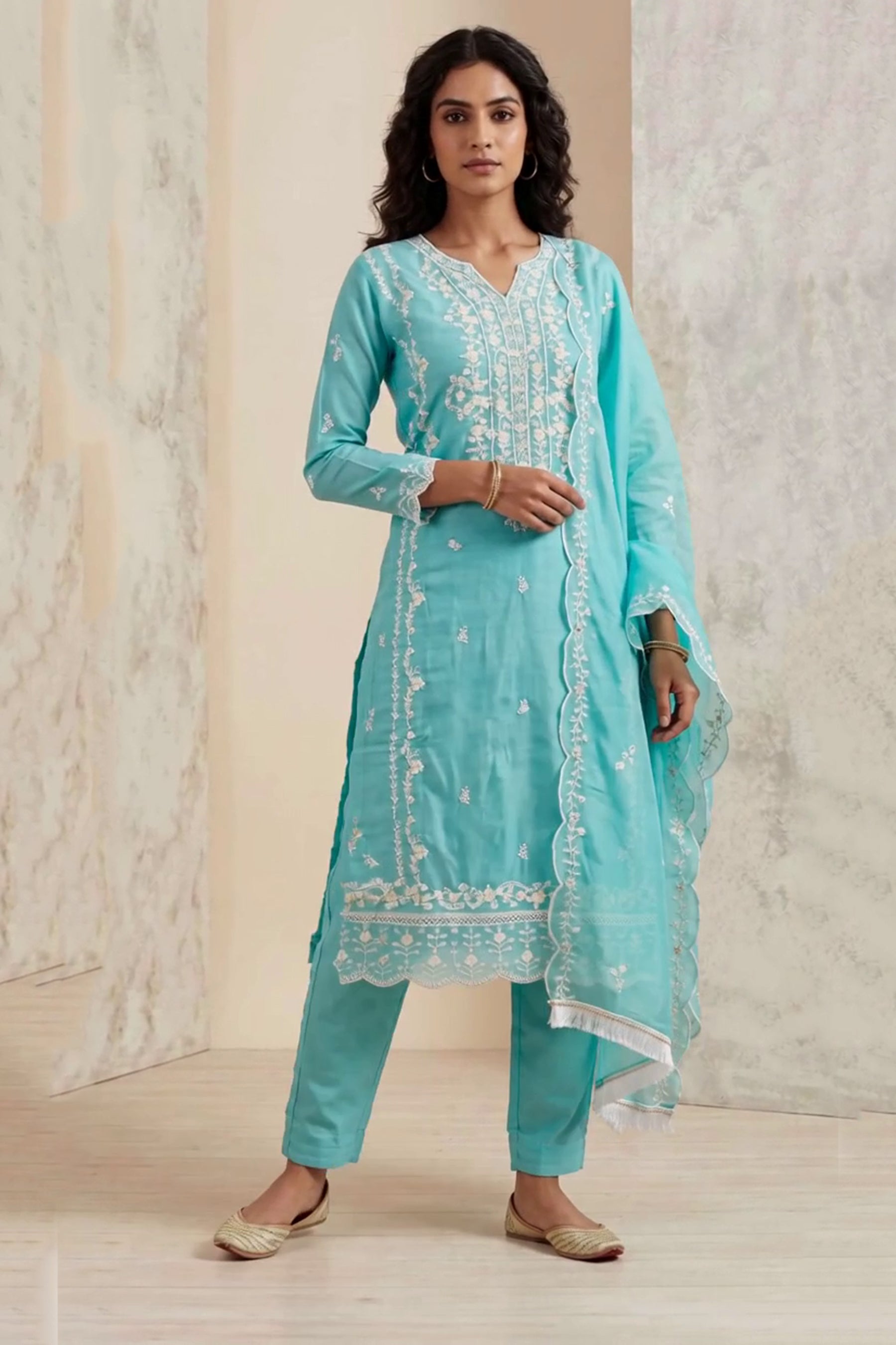 Light Blue Organza Khatli Work Kurti with Roman Silk Bottom & Border Dupatta 3-Piece Salwar Set