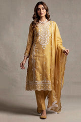 Light Beige Organza Khatli Work Kurti with Border Dupatta & Roman Silk Bottom - 3 Piece Salwar Set