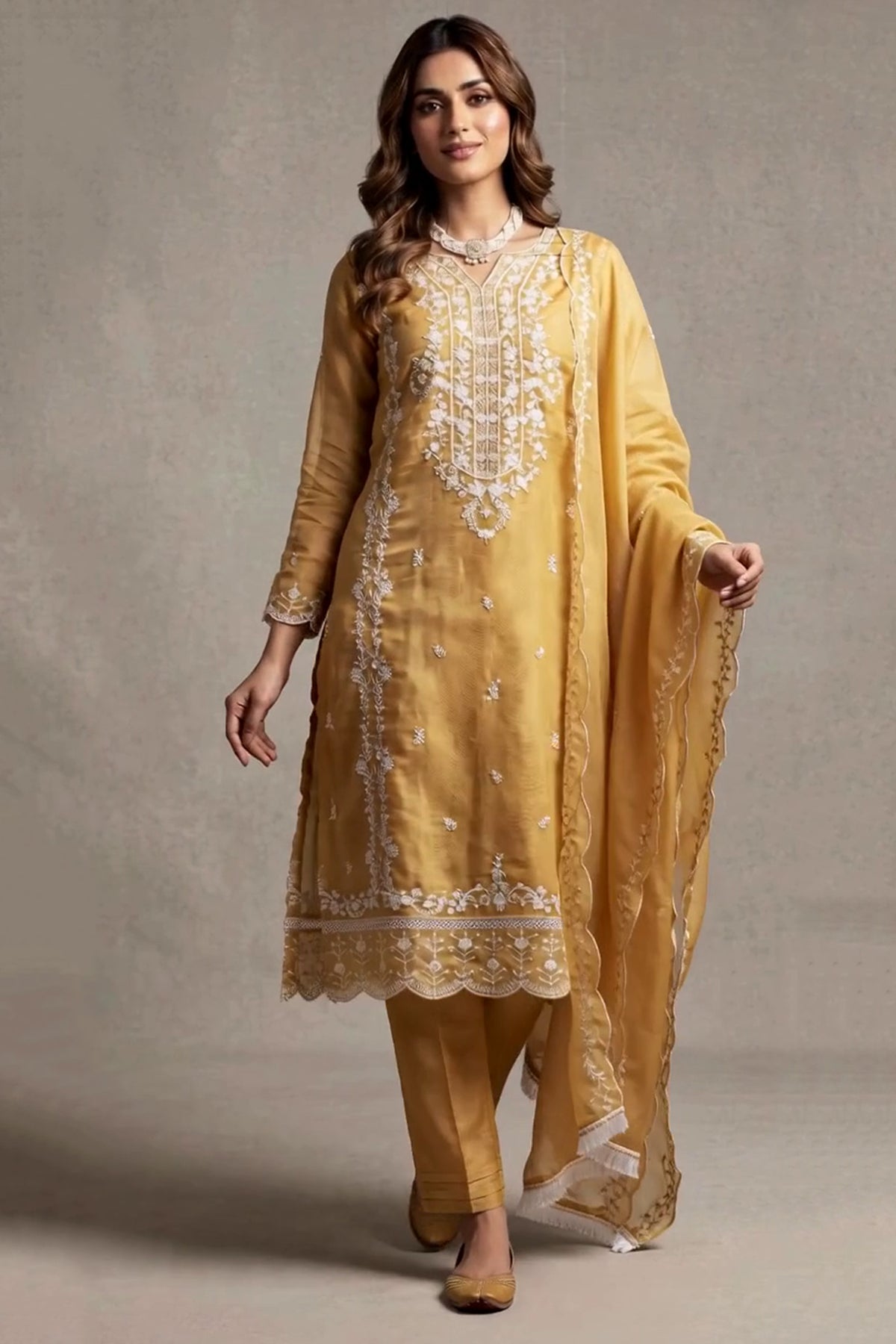 Light Beige Organza Khatli Work Kurti with Border Dupatta & Roman Silk Bottom - 3 Piece Salwar Set