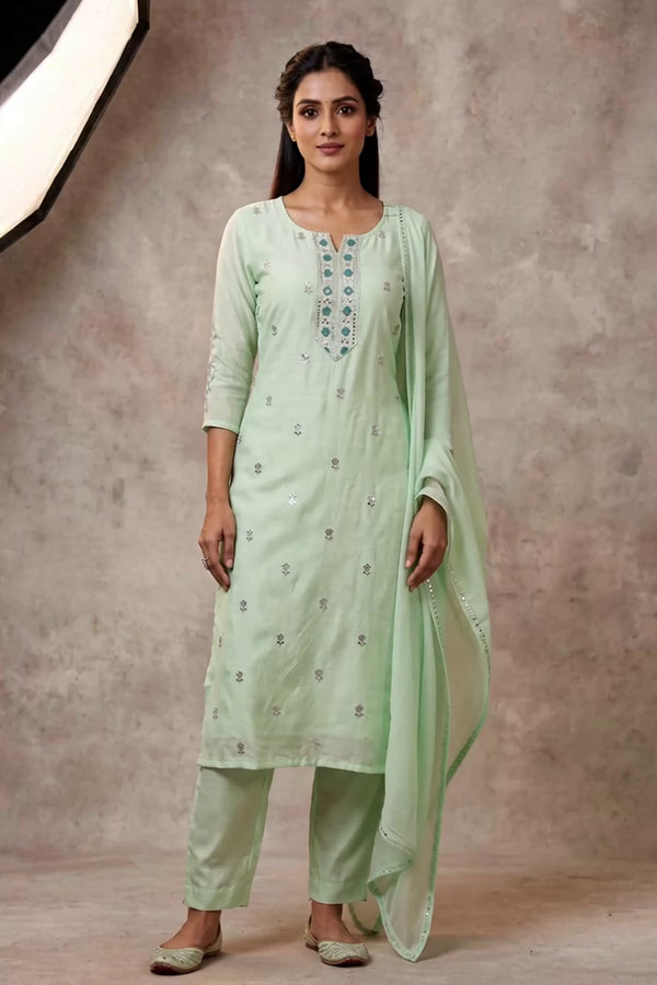 Light Green Salwar Kameez – Cotton Embroidered 3-Piece