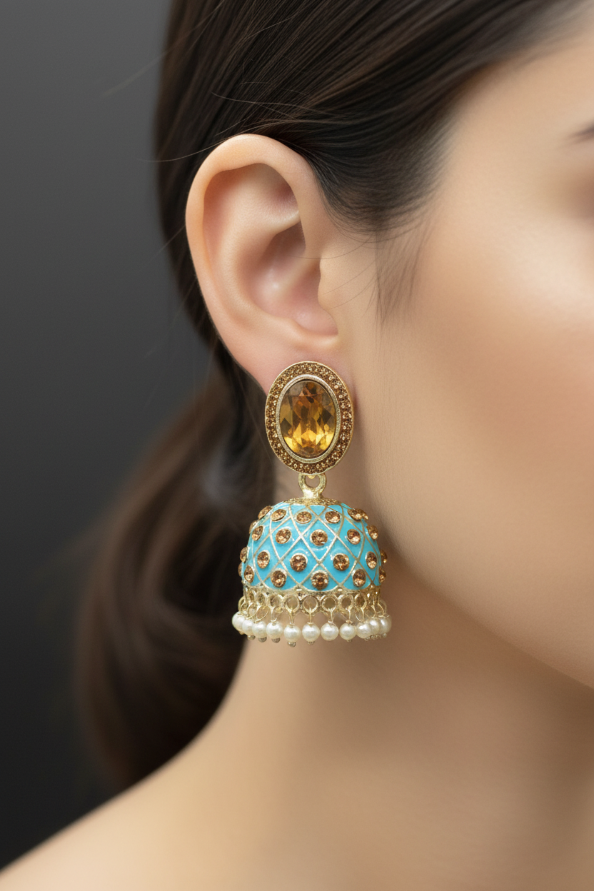 Peach Kundan Jhumka Earrings With stones. Multiple