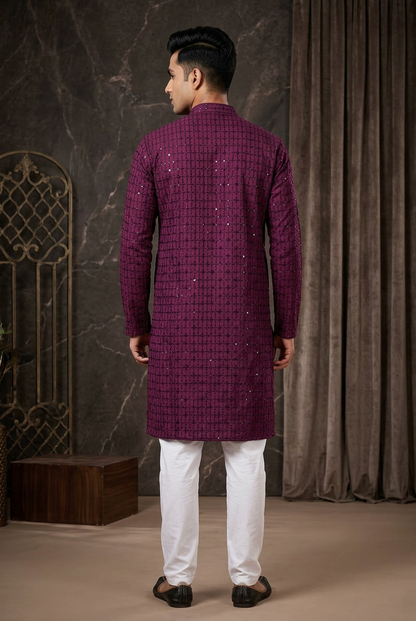 Men's Premium Lakhnavi Kurta with Resham Embroidery — back pose