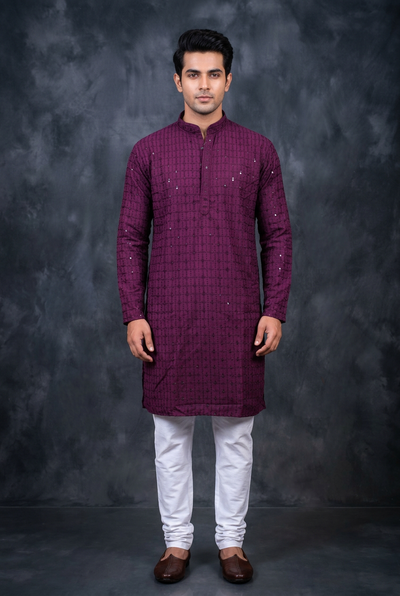 Men's Premium Lakhnavi Kurta with Resham Embroidery — front pose