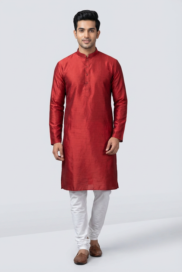 Red Men's Semi-Silk Wedding Kurta: Tradition Meets — front pose