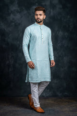 Blue White Jacquard Men's Kurta - Ethnic Wear — side pose