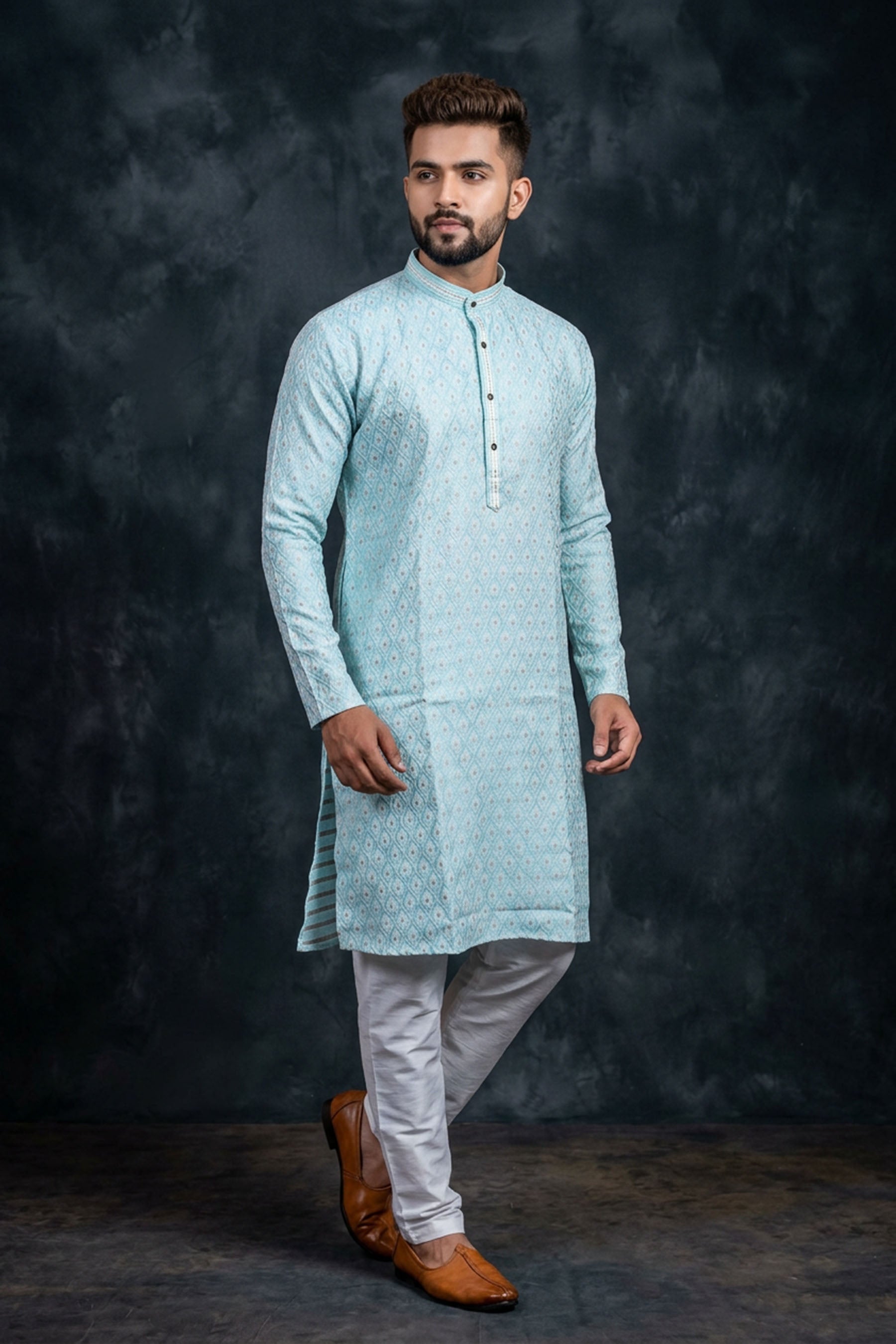 Blue White Jacquard Men's Kurta - Ethnic Wear — side pose