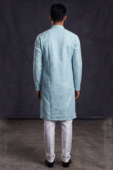 Blue White Jacquard Men's Kurta - Ethnic Wear — back pose