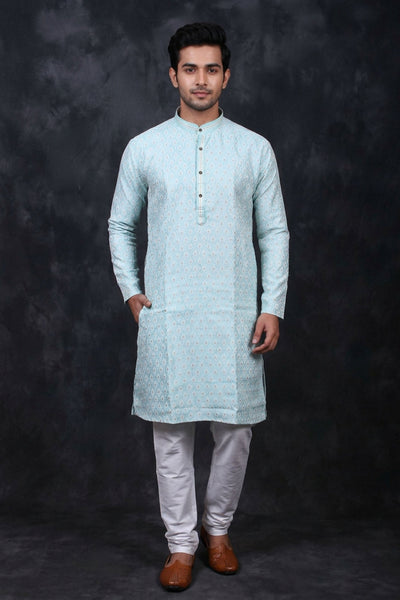 Blue White Jacquard Men's Kurta - Ethnic Wear — front pose