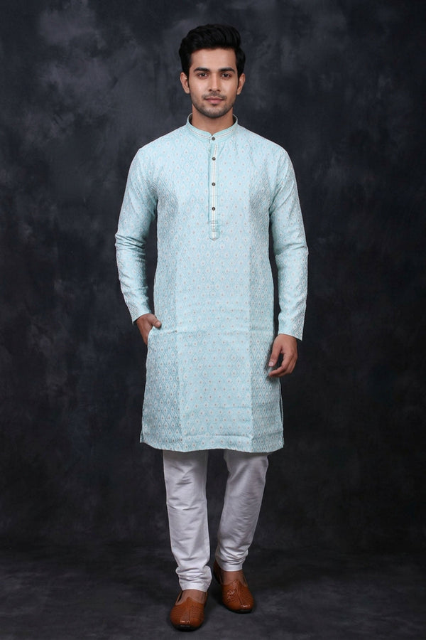 Blue White Jacquard Men's Kurta - Ethnic Wear — front pose