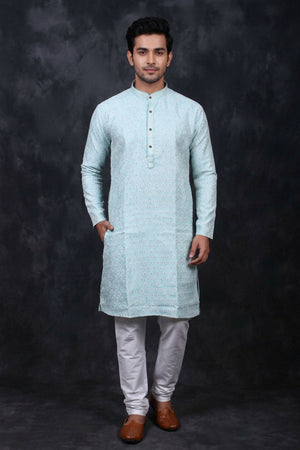 Blue White Jacquard Men's Kurta - Ethnic Wear