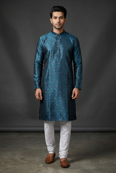 Blue Men's Jacquard Kurta — front pose
