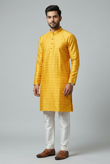 Yellow Hand-Sewn Sequin Men's Kurta Pyjama for Haldi — side pose