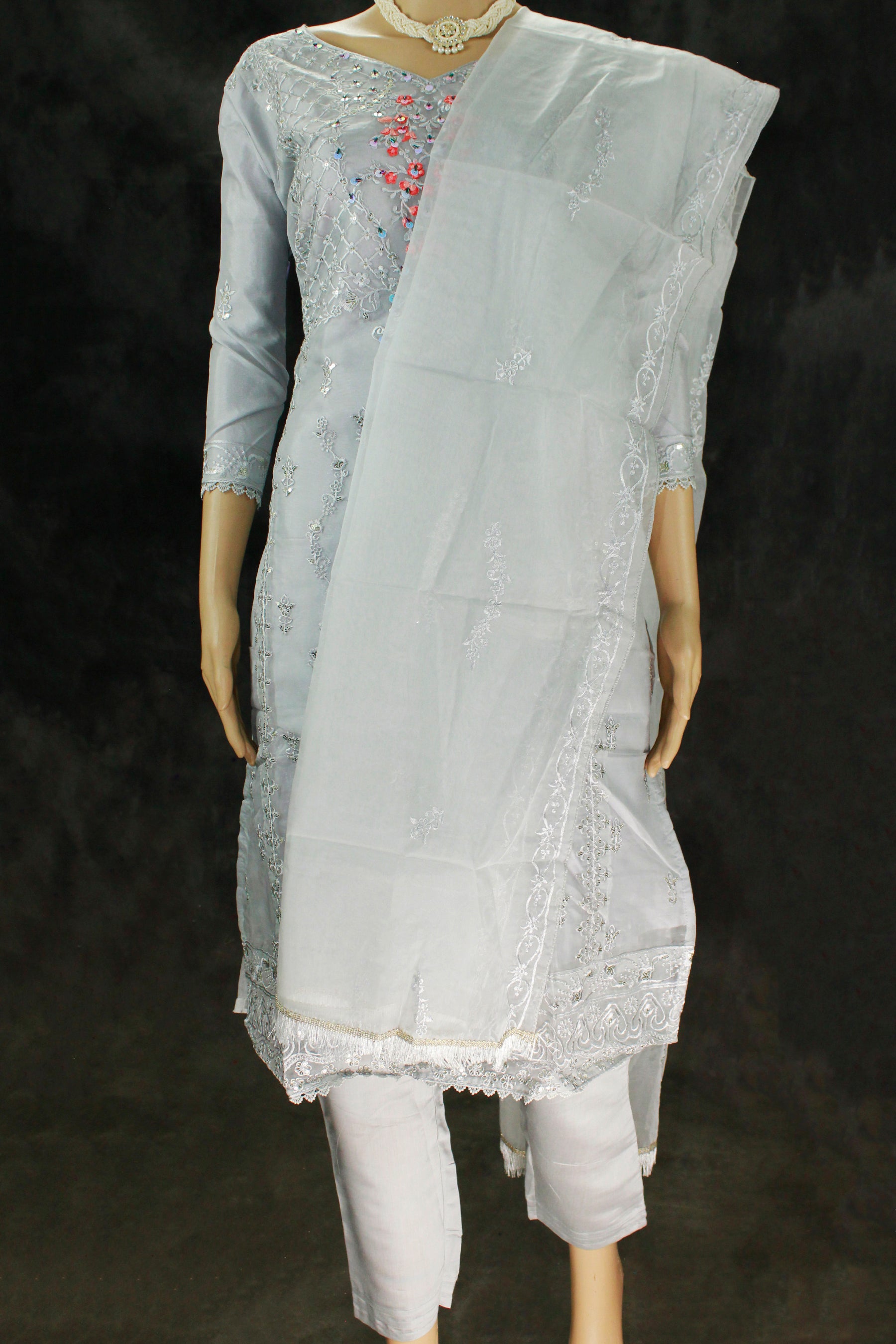 Women’s Roman Silk 3-Piece Kurti Set with Organza Work Pant & Dupatta (Grey)