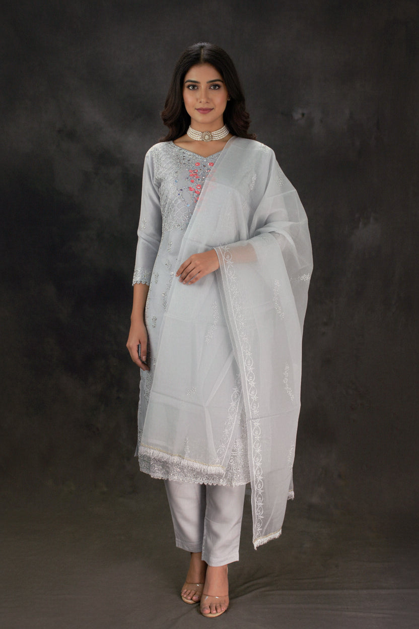 Women’s Roman Silk 3-Piece Kurti Set with Organza Work Pant & Dupatta (Grey)
