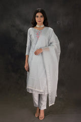 Women’s Roman Silk 3-Piece Kurti Set with Organza Work Pant & Dupatta (Grey)