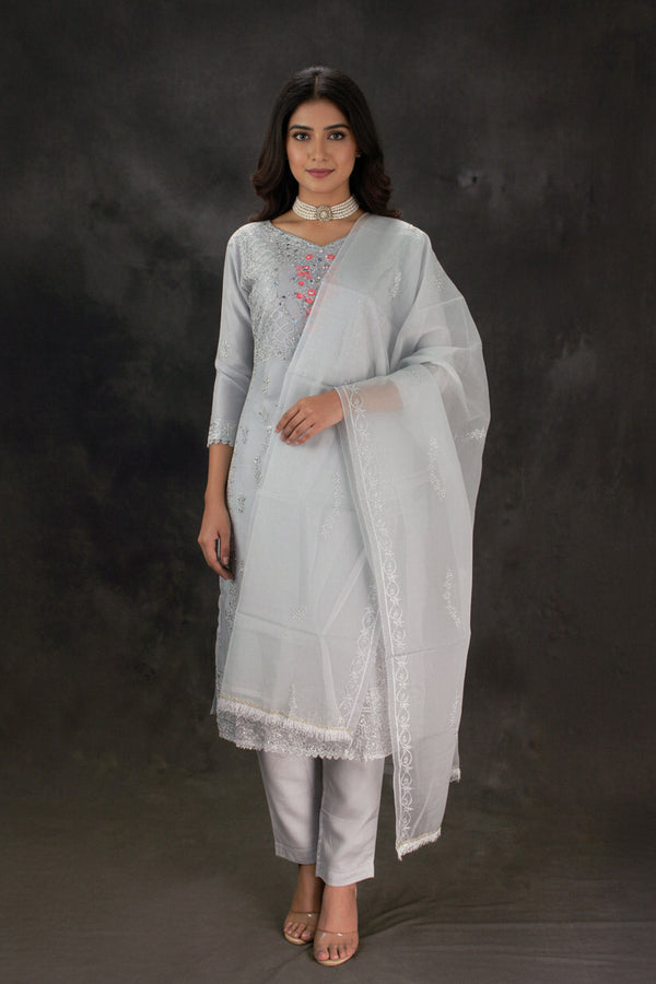 Women’s Roman Silk 3-Piece Kurti Set with Organza Work Pant & Dupatta (Grey)