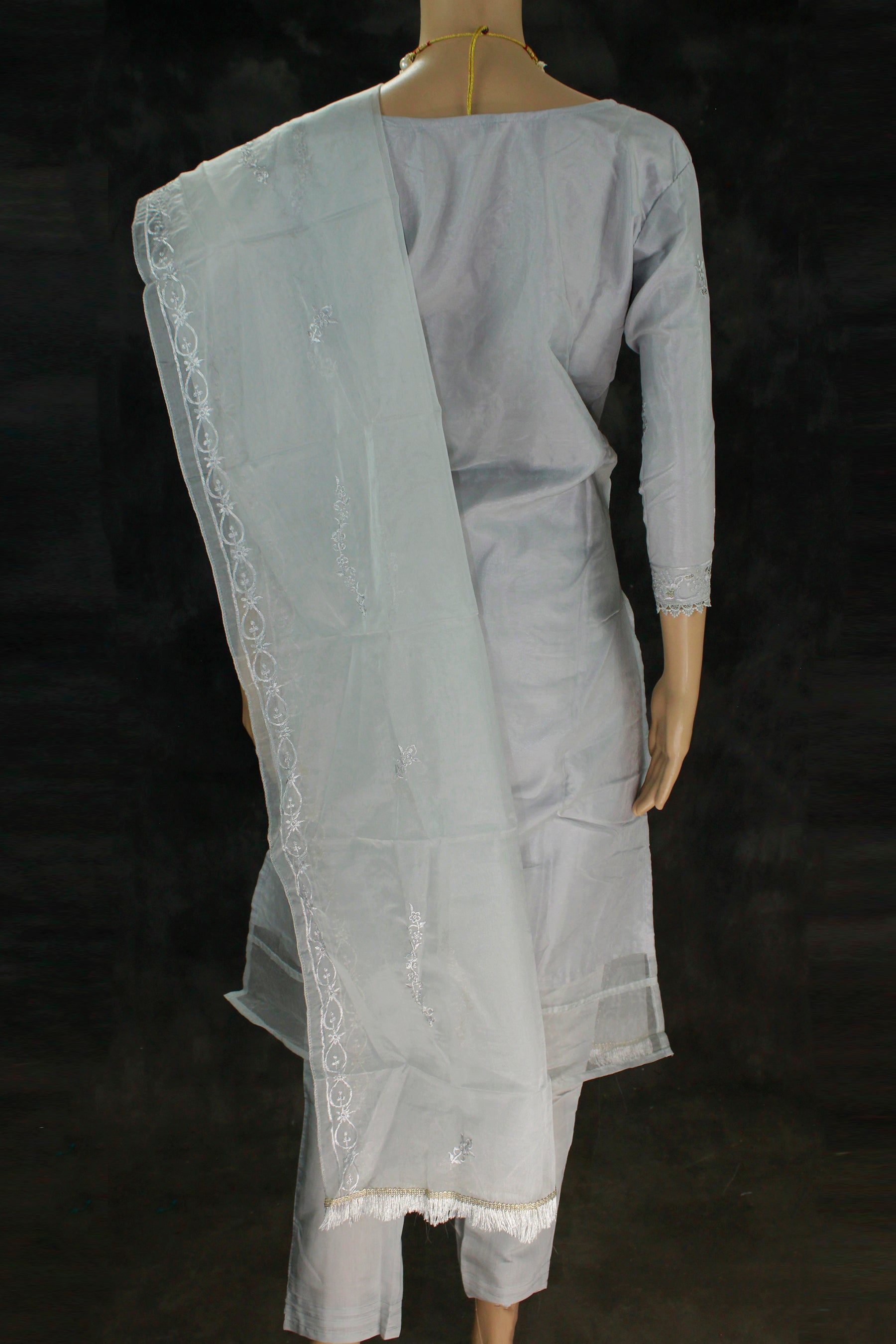 Women’s Roman Silk 3-Piece Kurti Set with Organza Work Pant & Dupatta (Grey)