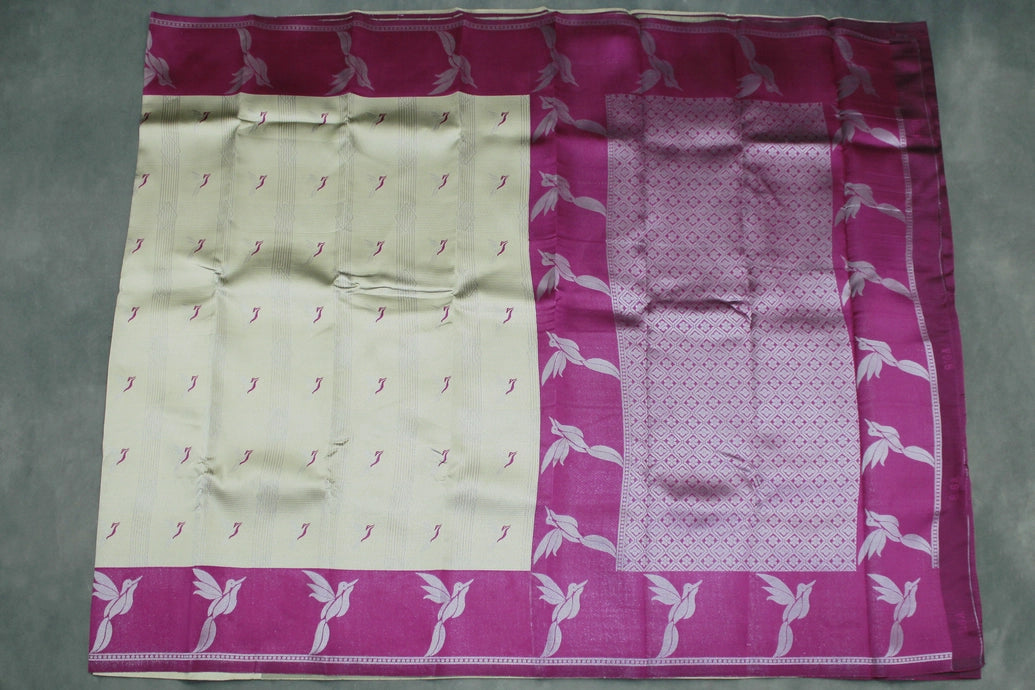 Beige & Purple Kubera Pattu Silk Saree with Zari Border and Matching Blouse