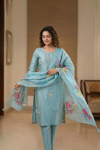 Pastel Blue Shimmer 3-Piece Salwar Suit with Aari & Pearl Embroidery, Organza Sequin and Printed Dupatta Kurti JCS Fashions
