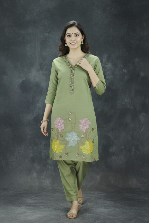 Olive Green Embroidered Cotton Kurti Set with Elastic Pant - V-Neck, Bead & Aari Work Kurti JCS Fashions
