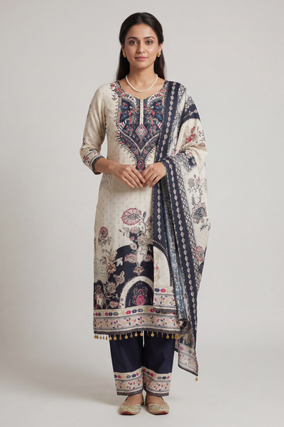 Light Cream Designer Crepe 3-Piece Salwar Suit with Mirror & Stone Work - Kurti, Pant & Cotton Dupatta