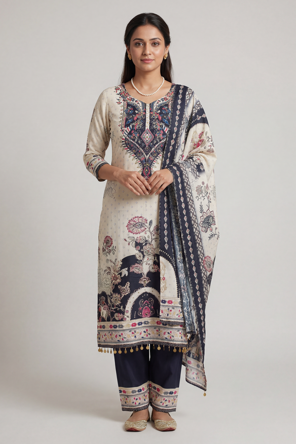 Light Cream Designer Crepe 3-Piece Salwar Suit with Mirror & Stone Work - Kurti, Pant & Cotton Dupatta