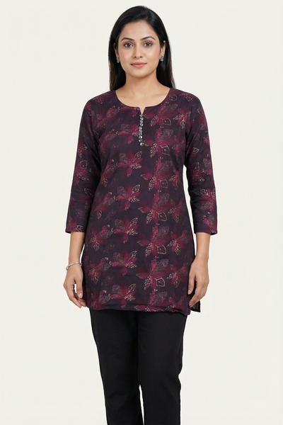 Purple Cotton Floral Kurti Set - 2 Piece Kurta with Elastic Pants - Purple