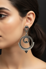 Oxidized Silver Spiral Drop Earrings with Coloured Stone Beads — 2 inch Traditional Indian Fashion Jewellery