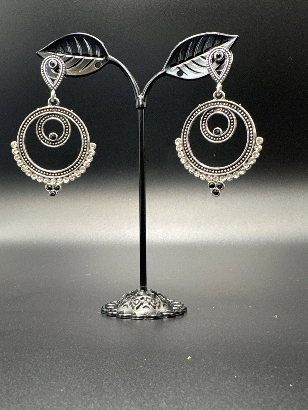 Oxidized Silver Spiral Drop Earrings with Coloured Stone Beads — 2 inch Traditional Indian Fashion Jewellery - Black