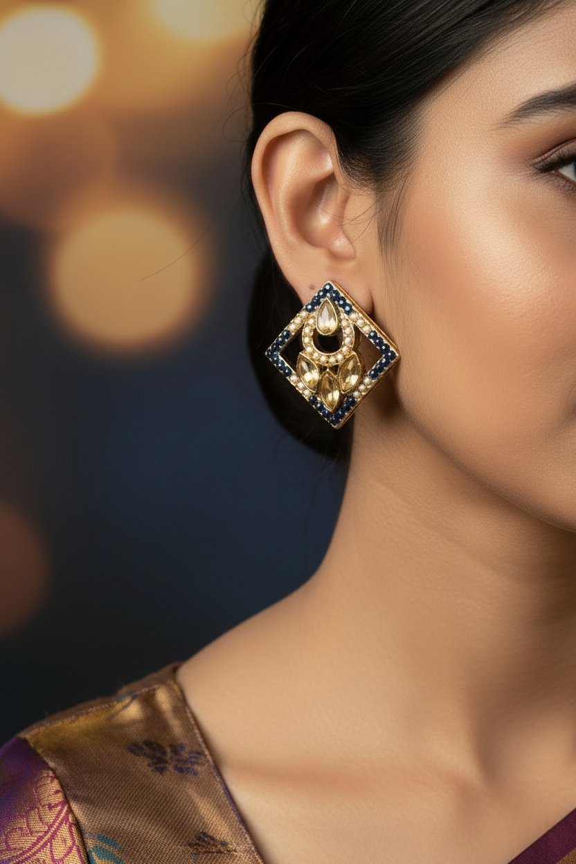 Green Geometric Kundan Stud Earrings with Bead