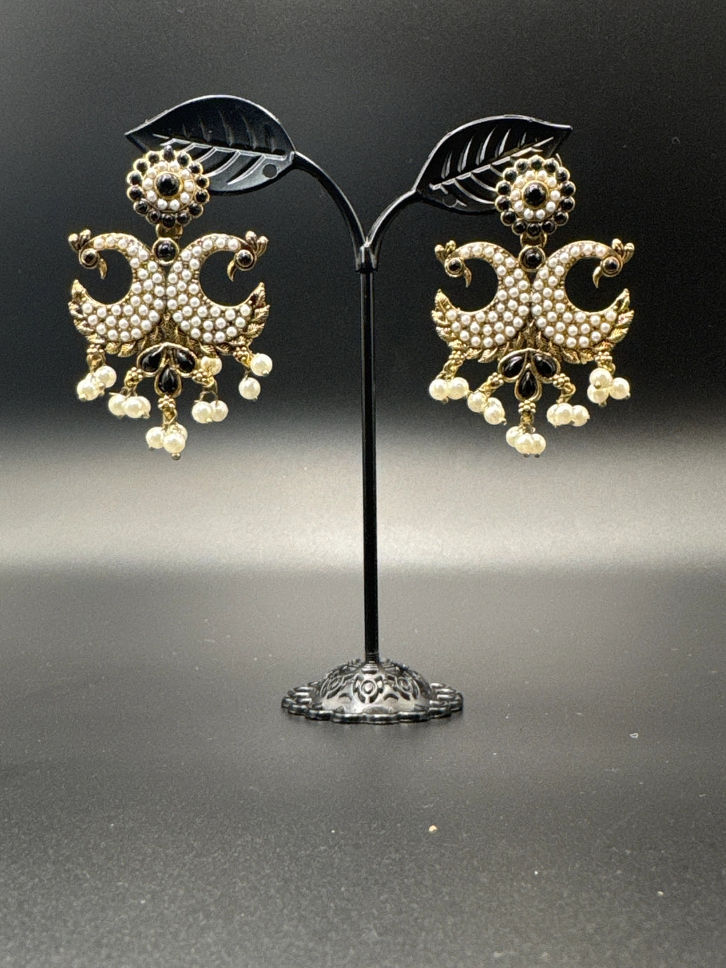 Antique Peacock Pearl Earrings – Gold-Tone Pearl-Studded Ethnic Earrings (2 inch) - Black
