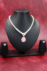 Pearl Necklace Set with Floral Teardrop Pendant and Matching Earrings - Baby Pink, Yellow, Navy Blue, Sky Blue, Green, Red - Baby Pink