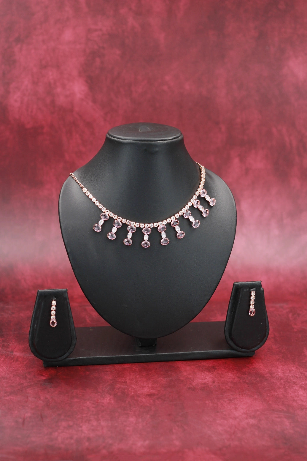 Oval Stone Statement Necklace Set with Matching Earrings for Women - Fashion Jewellery - Baby Pink