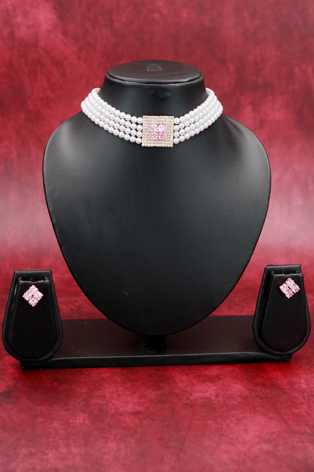 Pearl Choker Necklace Set with Stone-Embellished Pendant and Matching Stud Earrings - Baby Pink