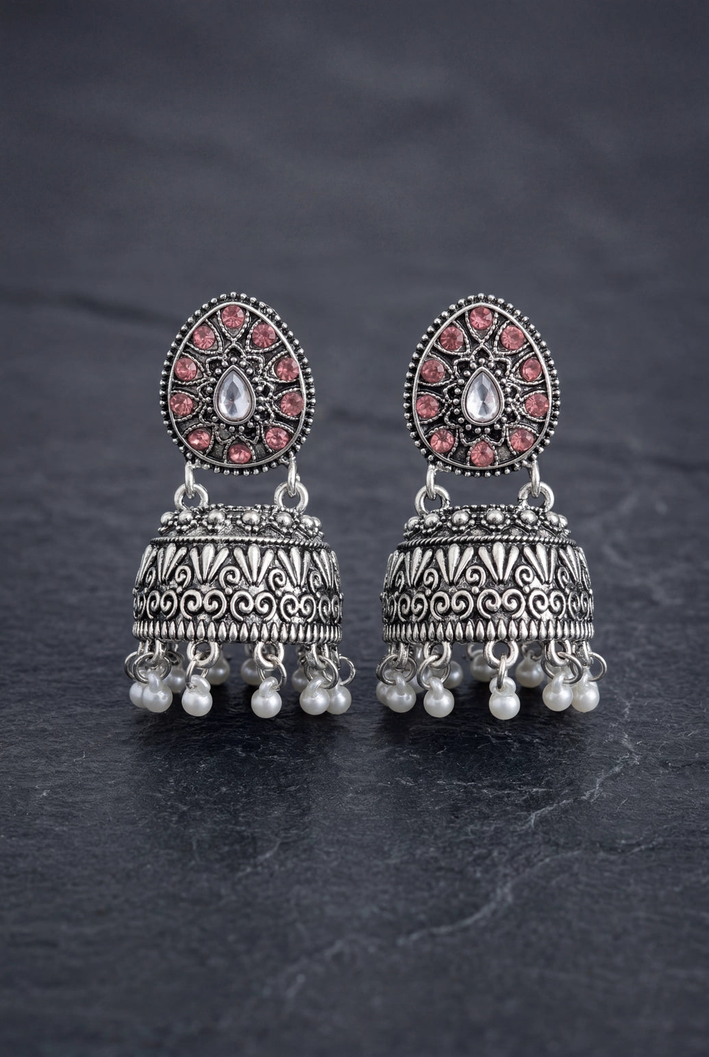 Oxidized Silver Tone Jhumka Earrings with Oval Stud Top & Filigree Teardrop Motif for Women - Baby Pink