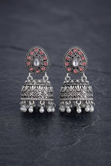 Oxidized Silver Tone Jhumka Earrings with Oval Stud Top & Filigree Teardrop Motif for Women - Baby Pink