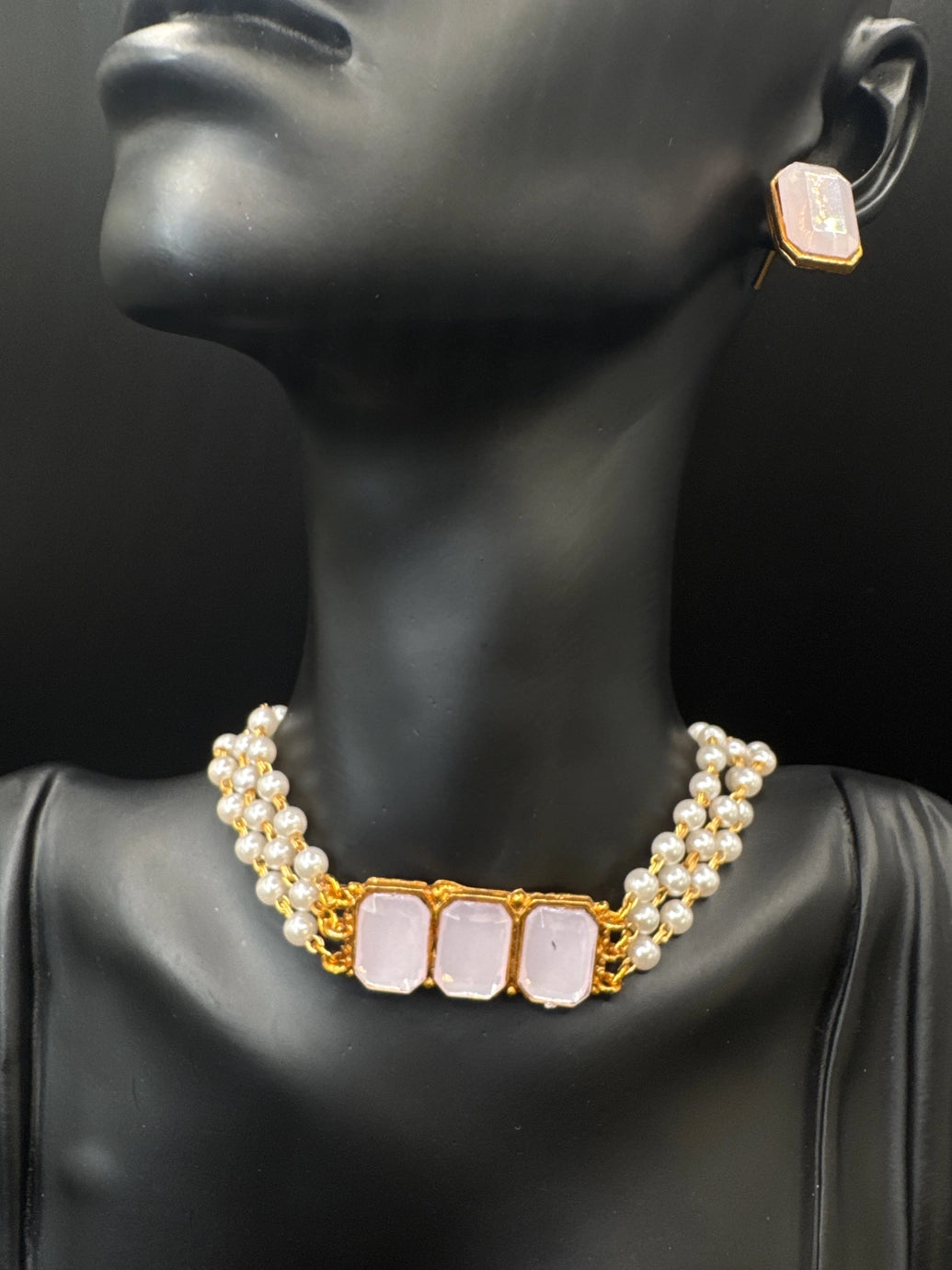 Gold-Tone Pearl Choker Necklace Set with Imitation Stones and Matching Stud Earrings Jewelry JCS Fashions Baby Pink 7 inch