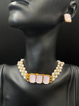 Gold-Tone Pearl Choker Necklace Set with Imitation Stones and Matching Stud Earrings Jewelry JCS Fashions Baby Pink 7 inch