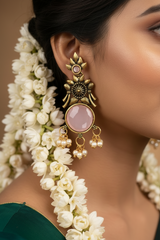 Gold-Tone Floral Chandbali Earrings with Round Stone & Pearl Drops