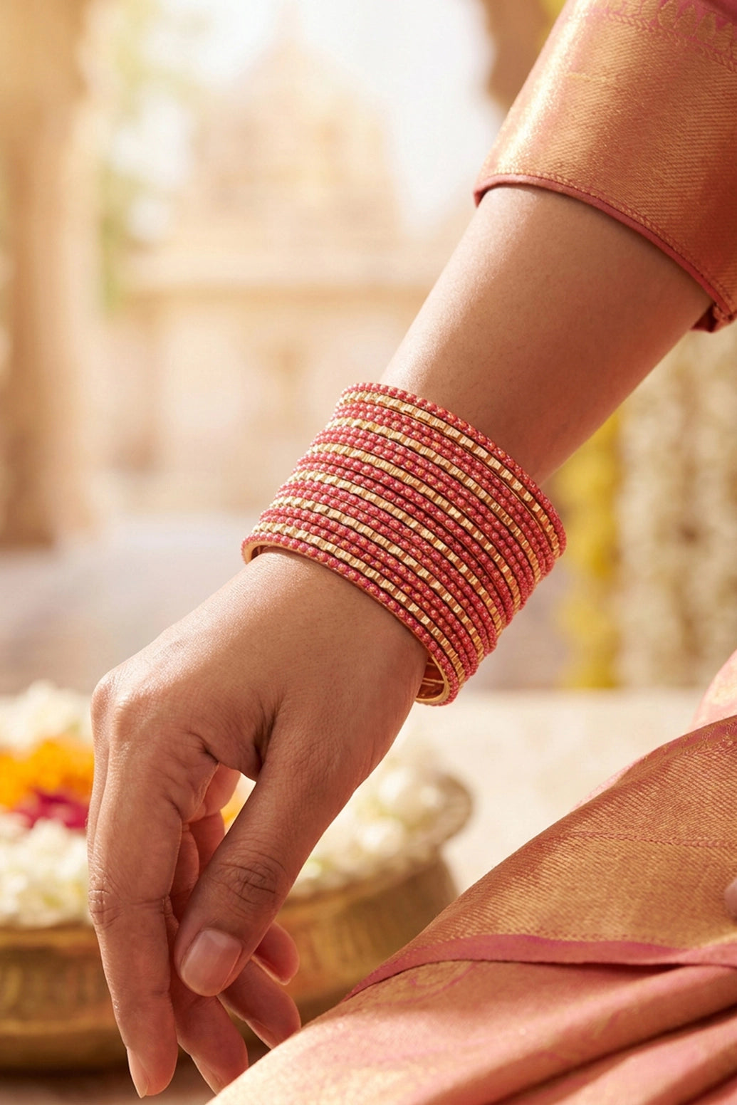Stone Studded Metallic Bangle Set (Multiple Bangles) for Festive Wear, Red, Navy Blue, Baby Pink - Baby Pink