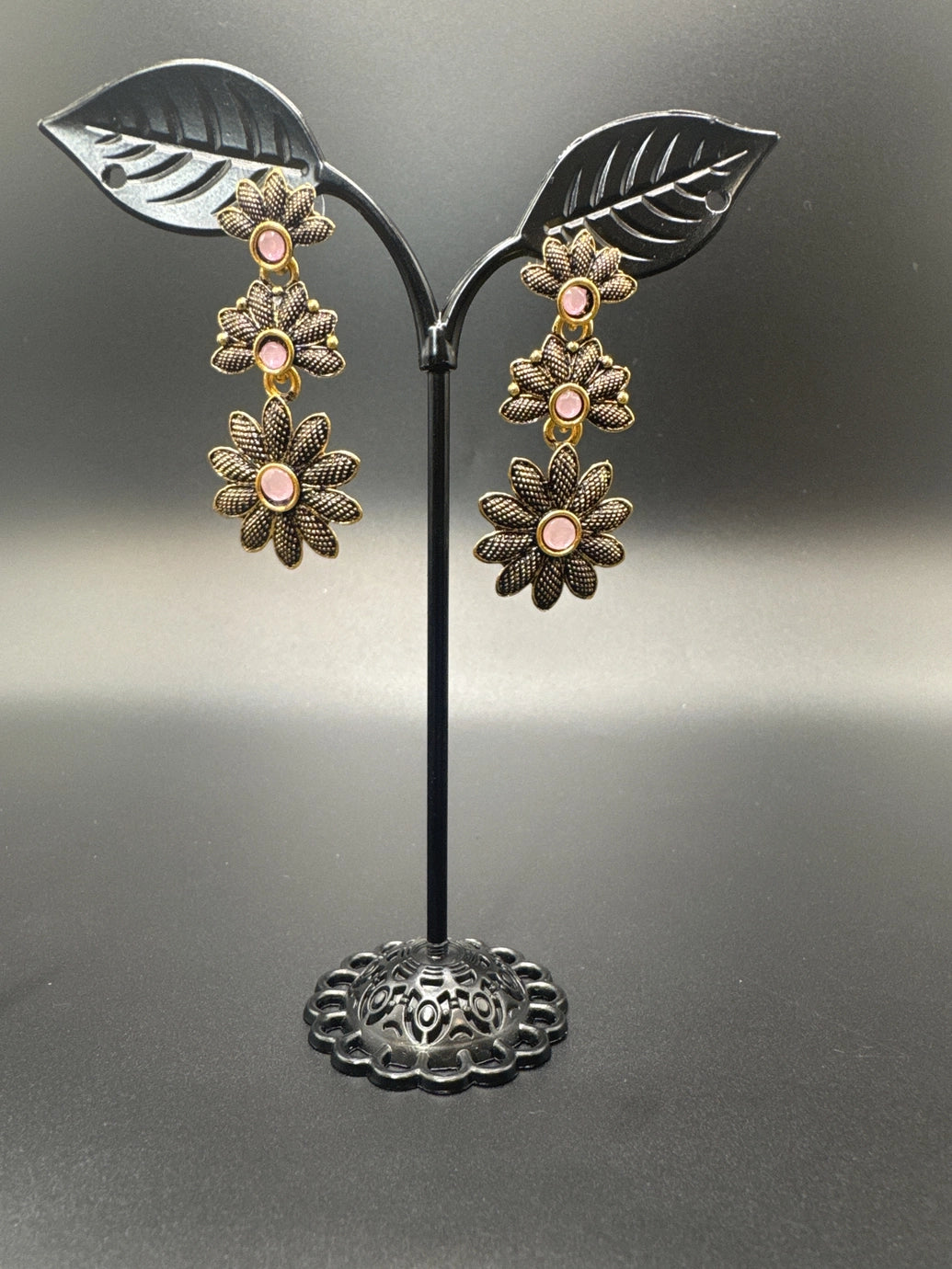 Antique Gold-Tone Floral Drop Earrings with Multi-Colored Stones