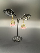 Gold-Tone Traditional Jhumka Earrings with Beaded Drops Jewelry JCS Fashions Baby pink 1 inch