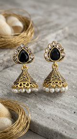 Jeweled Dome Jhumka Earrings with Pearl Bead Danglers, Intricate Cutwork (Black/Green/Maroon) - Black