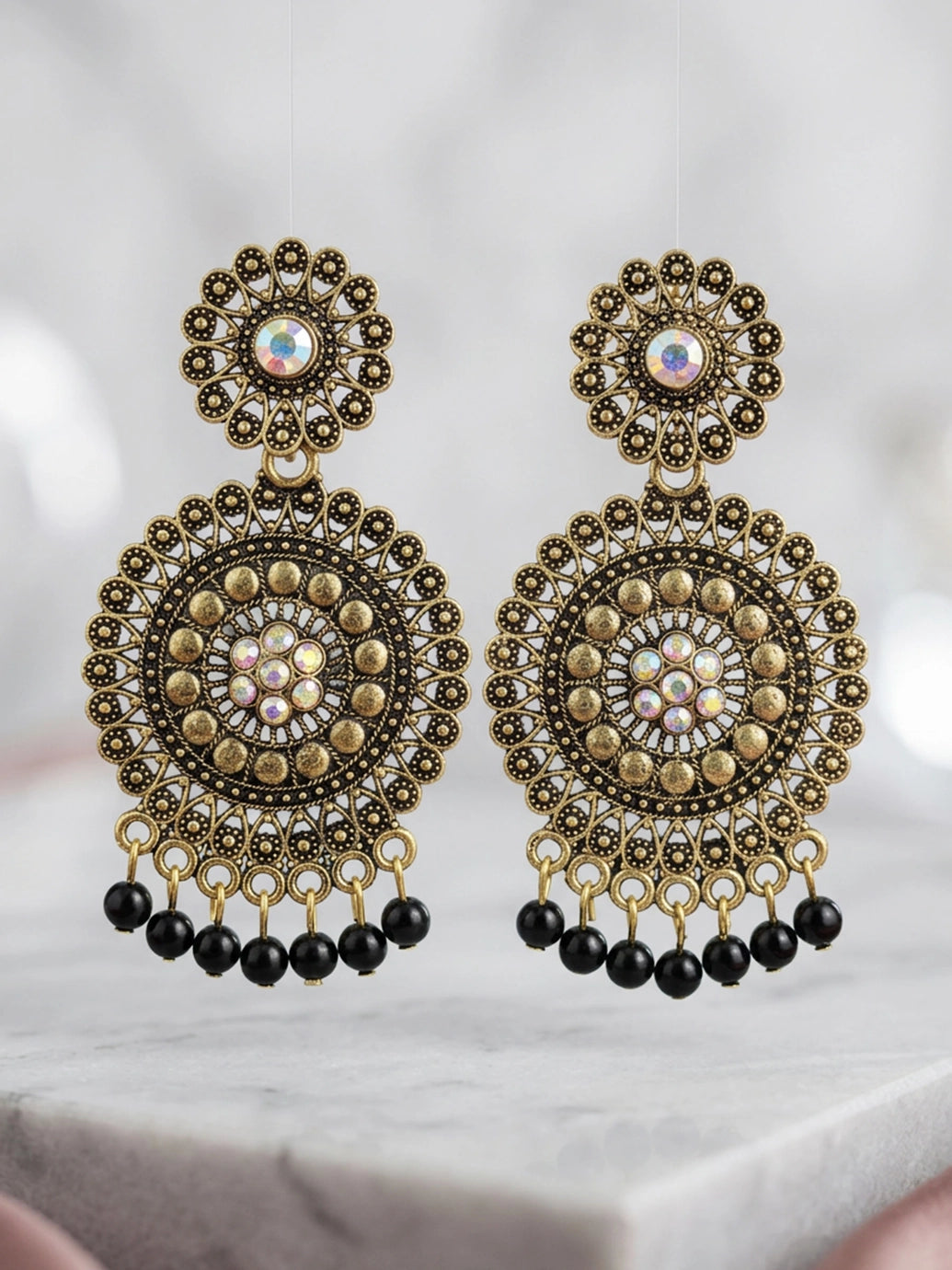 Antique Gold-Tone Ethnic Round Drop Earrings with Floral Stud & Bead Danglers (Multicolor Stone) - Black