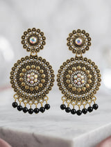 Antique Gold-Tone Ethnic Round Drop Earrings with Floral Stud & Bead Danglers (Multicolor Stone) - Black