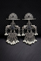 Oxidized Silver Oxidation Half-Moon Stud Dangler Earrings with Pearl Beads & Ethnic Carving for Festive Wear - Black