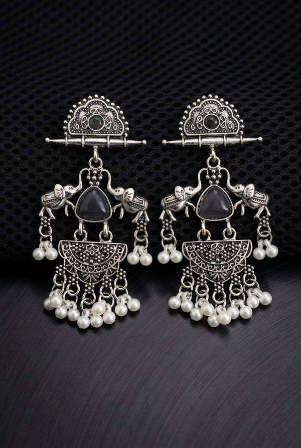 Oxidized Silver Oxidation Half-Moon Stud Dangler Earrings with Pearl Beads & Ethnic Carving for Festive Wear - Black