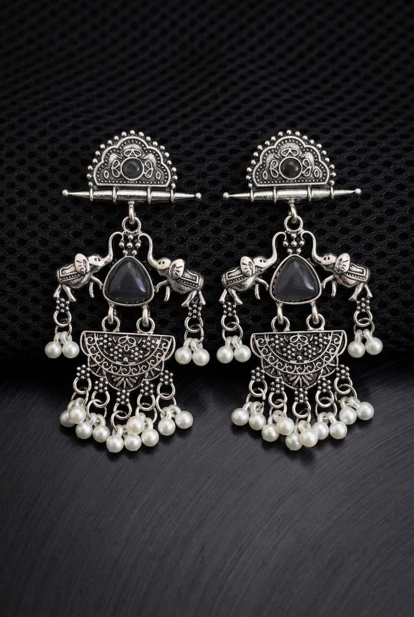 Oxidized Silver Oxidation Half-Moon Stud Dangler Earrings with Pearl Beads & Ethnic Carving for Festive Wear - Black