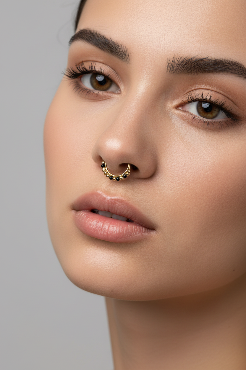 Red Gold-Tone Beaded Clip-On Nath Nose Ring - Half